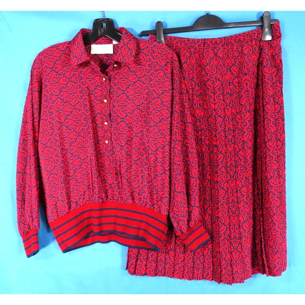 VTG Schrader RED & NAVY BLUE PRINT Dress Set BANDED HEM TOP & PLEATED SKIRT 8-P